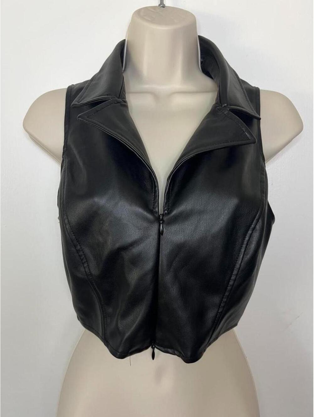 Blashe Haute Monde Vest Womens Small Black Faux Leather Zip Up Collared Crop Top